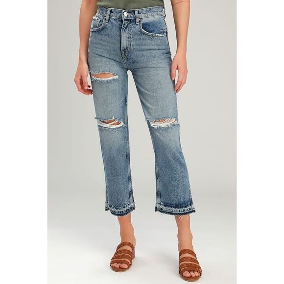 We The Free Free People Lita Light Wash Distressed High-Waisted Slim Leg Jeans - Picture 3 of 9